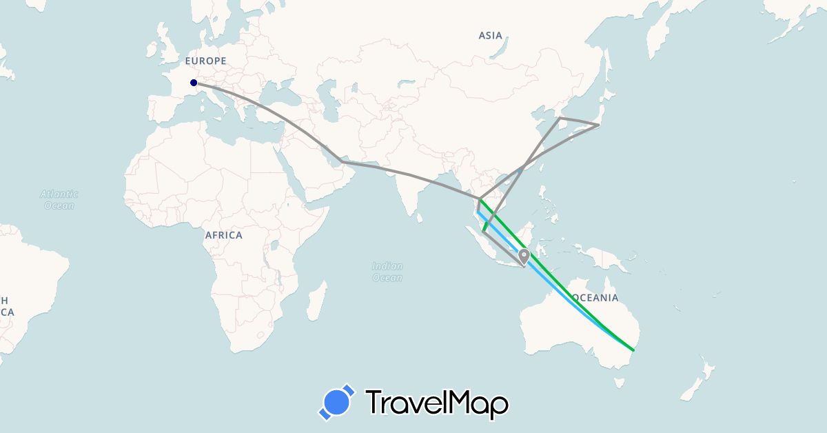 TravelMap itinerary: driving, bus, plane, boat in Australia, Switzerland, Hong Kong, Indonesia, South Korea, Malaysia, Thailand (Asia, Europe, Oceania)